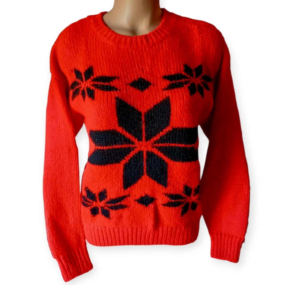 Vintage 1980’s E.Z. SPIRIT Acrylic Sweater L Snowflake Christmas Red Black